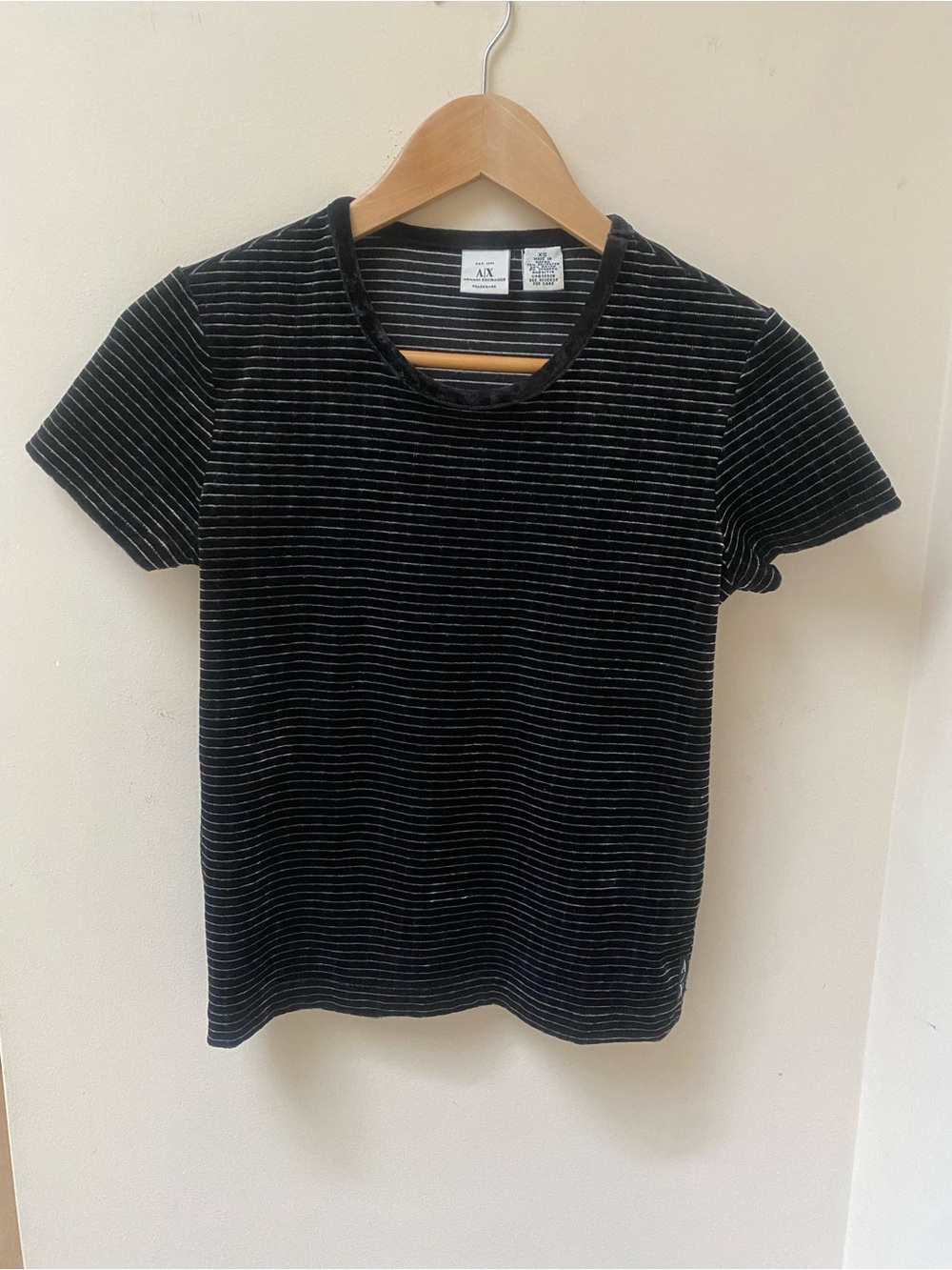 Armani Exchange | Striped Velvet Tee in Black with Silver Pinstripes